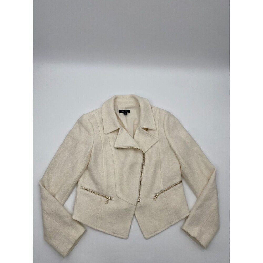 Ann Taylor White Wool Blend Asymmetrical Zip Blazer Women Size Medium
